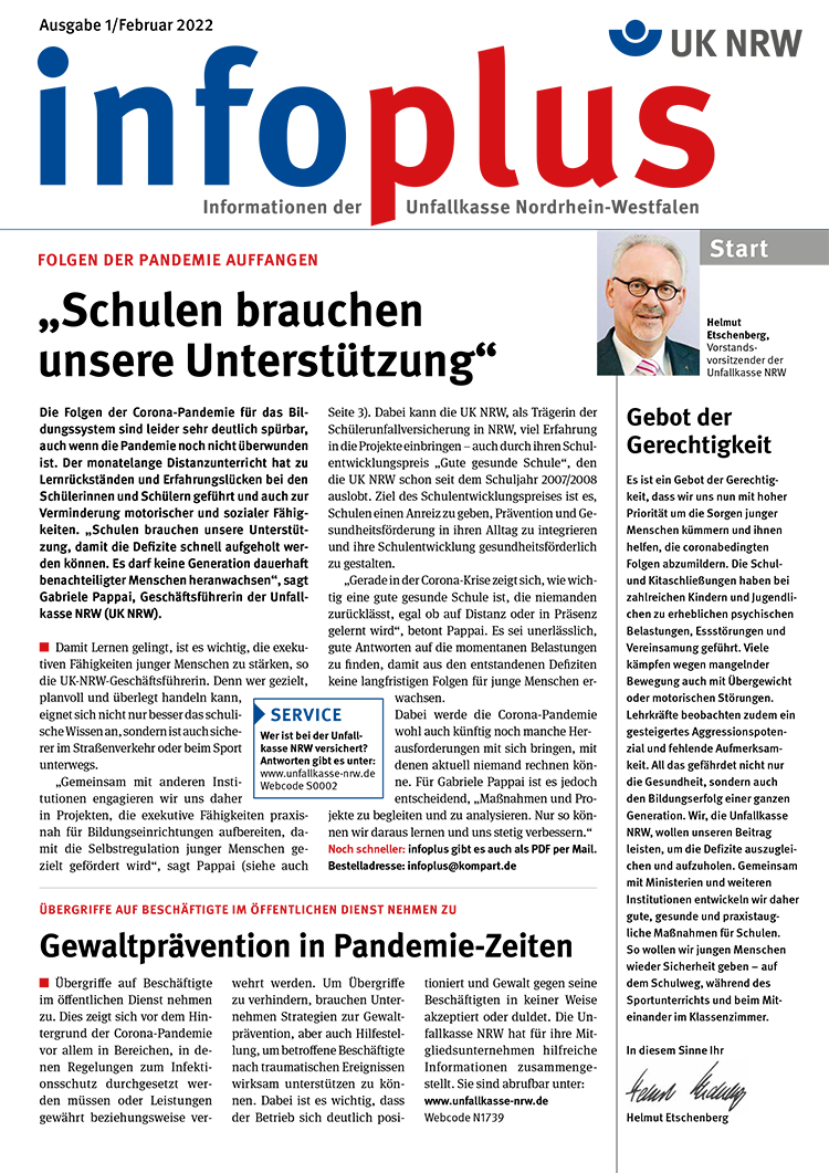 Grafik zeigt die Struktur der Unfallkasse NRW mit verschiedenen Abteilungen und Bereichen. Oben links steht 'Unfallkasse Nordrhein-Westfalen'. Es gibt Verbindungen zwischen Abteilungen, die rot, blau oder grau gekennzeichnet sind. Oben rechts ist ein Porträt eines Vorstandsmitglieds mit dem Wort 'Start'. Der Name des Vorstands wird unter dem Porträt erwähnt. Unterhalb dieser Darstellung sind mehrere Kästchen, die unterschiedliche Abteilungen und ihre Verantwortlichkeiten zeigen. Der Fokus liegt auf Arbeitsschutz und Prävention. Die Abteilungen sind hierarchisch angeordnet, um den organisatorischen Aufbau darzustellen.