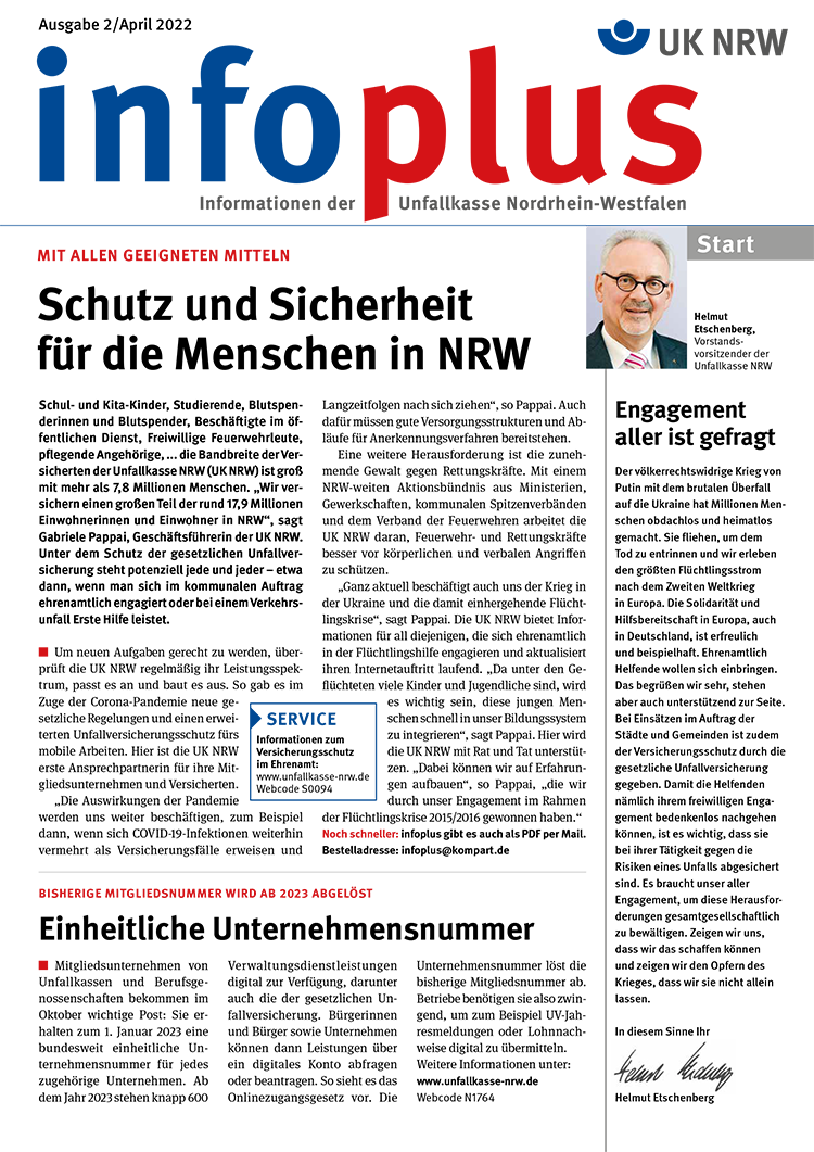Das Bild zeigt ein Organigramm der Unfallkasse NRW. Oben steht in blauer Schrift 'Governance der Unfallkasse NRW'. Darunter sind verschiedene Felder und Linien dargestellt, die Entscheidungswege und Verantwortlichkeiten veranschaulichen. Links oben steht 'Mitgliederversammlung', darunter 'Vorstand' und rechts 'Geschäftsführung' mit einem Bild eines lächelnden Mannes. Unterhalb der Geschäftsführung ist die 'Hauptabteilung Prävention' sowie weitere Abteilungen aufgeführt. Rote und graue Linien verbinden die Felder, um Kommunikations- und Hierarchiestrukturen zu zeigen. Das Organigramm dient dazu, Arbeitsschutz und Präventionsmaßnahmen zu visualisieren. Unten ist die Unterschrift einer Person zu sehen.