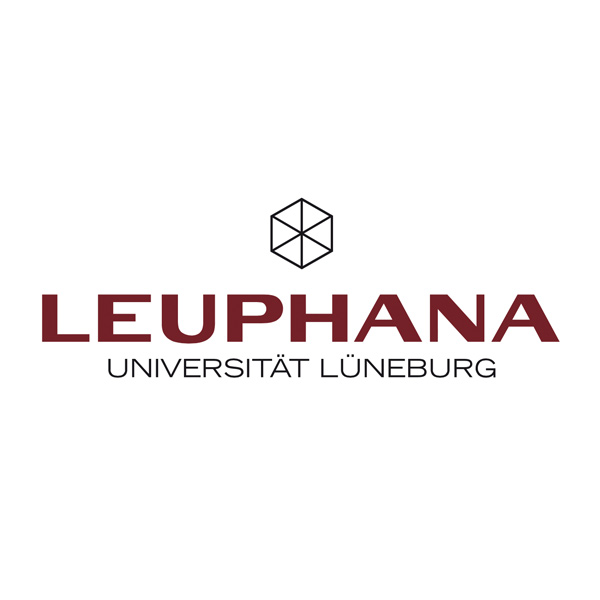 Das Bild zeigt das offizielle Logo der Leuphana Universität Lüneburg. Es besteht aus einem stilisierten geometrischen Symbol, das einen Würfel darstellt, über dem der Name der Universität in großen, dunkelroten Buchstaben geschrieben steht. Darunter befindet sich in kleinerer Schrift der Zusatz 'Universität Lüneburg'.