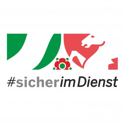 Logo der Unfallkasse NRW mit Text '#sicherimDienst'.