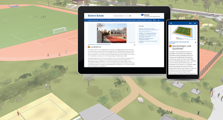 Illustration zeigt eine stilisierte Schulhofszene mit Sportanlagen. Im Vordergrund sind ein Tablet und ein Smartphone zu sehen, beide zeigen Inhalte zur Prävention und Sicherheit in Schulen von der Unfallkasse NRW. Das Tablet zeigt eine Seite über Laufbahnen, während das Smartphone eine Seite über Sportanlagen und Spielfelder anzeigt. Die Umgebung umfasst eine Laufbahn, Sportfelder und Gehwege, die für Sicherheit und Prävention im Schulumfeld stehen.
