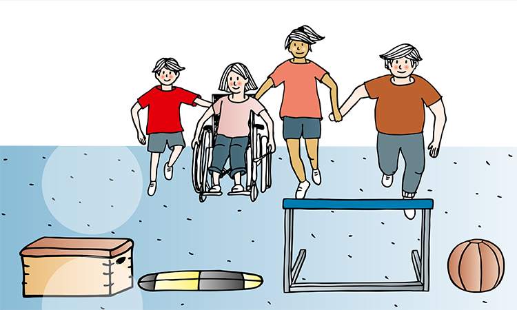 Eine Illustration zeigt vier Kinder in Sportkleidung, die Hand in Hand auf einen Parcours zulaufen. Eines der Kinder sitzt im Rollstuhl. Der Hintergrund zeigt sportliche Hindernisse wie einen Kasten, eine Hürde und einen Basketball. Der obere Teil des Bildes ist rot markiert. Es vermittelt eine Botschaft der Inklusion und Zusammenarbeit im Kontext von Arbeitsschutz und Prävention, insbesondere für Einrichtungen der Unfallkasse NRW.