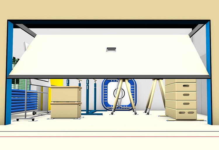 Eine geöffnete Garagentür zeigt eine Werkstatt mit gestapelten Kisten auf der rechten Seite und verschiedenen Werkzeugen sowie Geräten in der Mitte und links. Der Raum ist sauber und gut organisiert, um sichere Arbeitsbedingungen zu gewährleisten. Die Szene illustriert die Bedeutung von Ordnung und strukturiertem Arbeitsumfeld als Teil des Arbeitsschutzes, relevant für die Prävention von Unfällen gemäß den Richtlinien der Unfallkasse NRW.