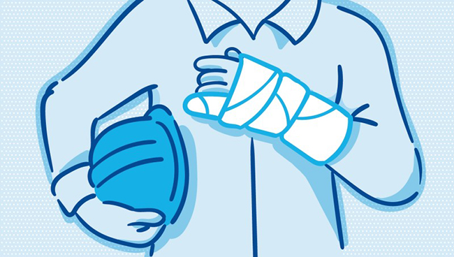 Die Grafik zeigt eine Person in einem hellblauen Hemd, deren Arm in einem weißen Gipsverband ist. Die Person hält in der anderen Hand einen blauen Schutzhelm. Die Darstellung hebt die Bedeutung von Arbeitsschutz und Unfallprävention hervor, wie sie von der Unfallkasse NRW gefördert werden. Der Hintergrund ist ein helles Punktemuster, das das Thema visuell unterstützt.