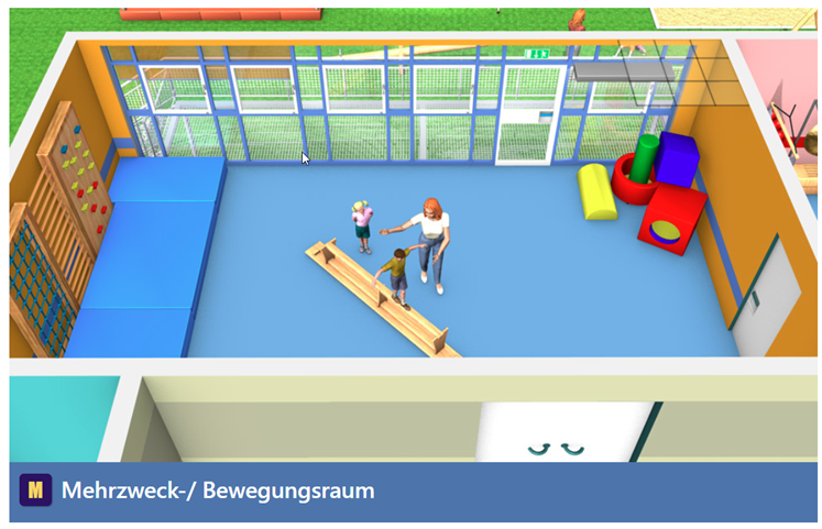 Der Mehrzweckraum zeigt eine Innenansicht mit blauen Wänden und Boden. Links befindet sich eine Kletterwand mit blauen Matten darunter. Zwei Kinder balancieren auf einer Holzbank, unterstützt von einem Erwachsenen. Rechts sind bunte Schaumstoffrollen und Würfel gestapelt. Der Raum ist großzügig mit Fenstern ausgestattet, durch die Tageslicht einfallen kann. Der Kontext betont die Wichtigkeit von Bewegung und Prävention für die Unfallkasse NRW.