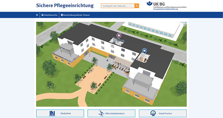 Die Abbildung zeigt eine interaktive 3D-Darstellung einer Pflegeeinrichtung auf der Webseite der Unfallkasse NRW. Verschiedene Gebäudebereiche und Außenanlagen sind zu sehen, umgeben von Bäumen und Grünflächen. Im oberen Bereich der Seite sind Navigationsoptionen wie eine Suchleiste und themenbezogene Links sichtbar. Unten auf der Seite befinden sich Schaltflächen für Mediathek, Hilfsmitteldatenbank und Good Practice. Das Bild richtet sich an Fachkräfte und Manager zur Förderung von Arbeitsschutz und Prävention in Pflegeeinrichtungen.