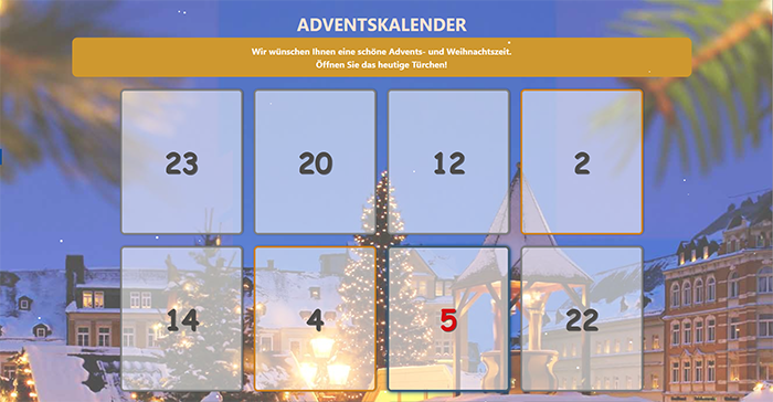 Ein digitaler Adventskalender der Unfallkasse NRW zeigt eine winterliche Stadtlandschaft bei Nacht mit Schnee und festlicher Beleuchtung. Das Layout besteht aus einem Raster von nummerierten Feldern, von denen das Türchen Nummer 5 geöffnet ist. Darüber steht ein Gruß zur Advents- und Weihnachtszeit. Der Kalender ist thematisch auf Arbeitsschutz und Prävention ausgerichtet und soll zur bewussten und sicheren Gestaltung der Adventszeit beitragen.