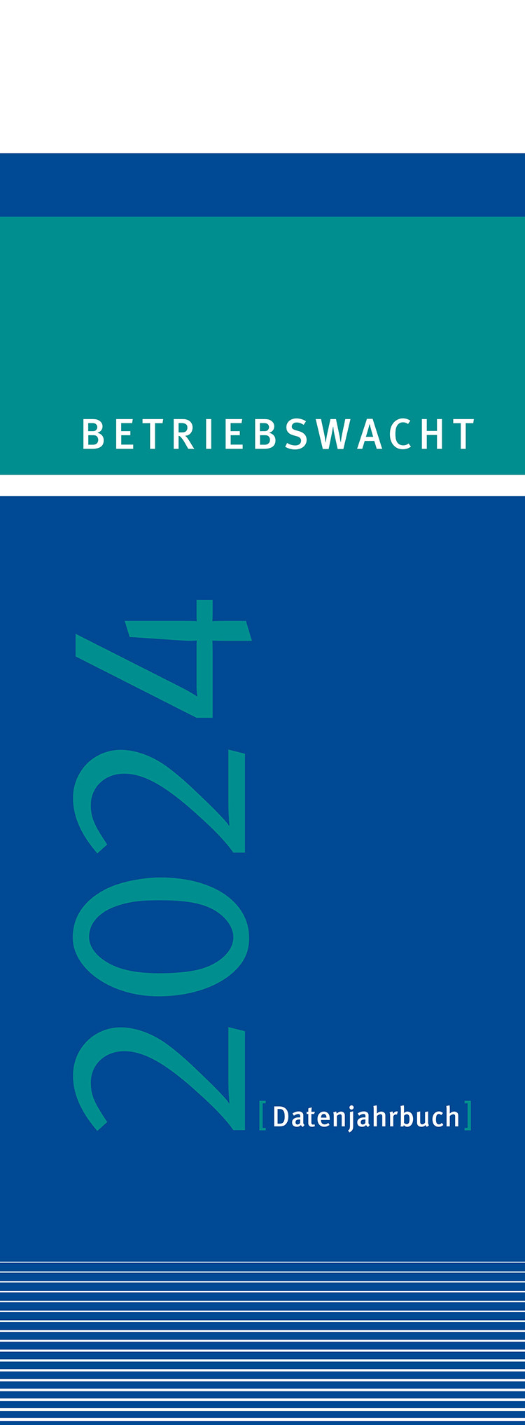 Das Bild zeigt das Deckblatt des Datenjahrbuchs 2024 der Betriebswacht. Es hat einen blauen Hintergrund mit einem grünen horizontalen Streifen oben. Der Titel 'BETRIEBSWACHT' ist in Weiß auf dem Streifen abgebildet. Darunter steht vertikal die Zahl 2024 in großen grünen Ziffern. Am unteren Rand steht '[Datenjahrbuch]' in grüner Schrift auf blauem Hintergrund und darunter weiß-hellblaue horizontale Streifen. Im Kontext der Unfallkasse NRW könnte das Jahrbuch Daten zu Arbeitsschutz und Prävention enthalten.