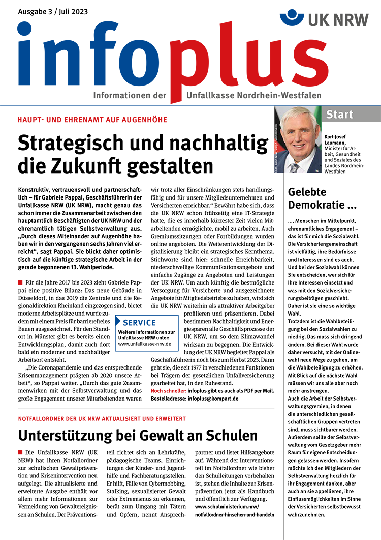 Das Bild zeigt ein detailliertes Diagramm zur Einführung und Umsetzung einer Präventionskultur, speziell für die Unfallkasse NRW. Oben das Logo der Organisation. Zentral ist ein Prozessfluss mit mehreren aufeinander folgenden Elementen, die mit Pfeilen verbunden sind, beginnend mit einem Bild eines leitenden Mitarbeiters rechts oben. Der Prozess beschreibt Schritte von der Planung bis zur Implementierung einer Präventionskultur, inklusive Mitarbeiterbeteiligung und Feedbackschleifen. Der Fokus liegt auf der Sicherheit und dem Schutz der Mitarbeitenden im Arbeitsumfeld.