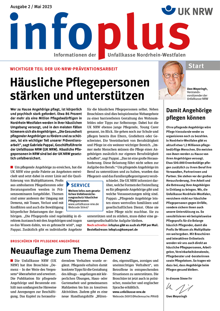 Illustration des Prozesses zur Verhütung von Arbeitsunfällen bei der Unfallkasse NRW. Oben steht in großen Buchstaben 'Guten Tag' mit einem Foto einer unkenntlichen Person rechts daneben und der Schrift 'Start' oberhalb. Unterhalb des Fotos beginnt der Prozess mit einem großen Pfeil, der zu einem Formular führt. Verschiedene rote und blaue Textblöcke und Pfeile beschreiben die notwendigen Schritte von der Anmeldung bis zur Bearbeitung und Prävention am Arbeitsplatz. Die Signatur am unteren rechten Rand deutet auf eine abschließende Bestätigung hin.