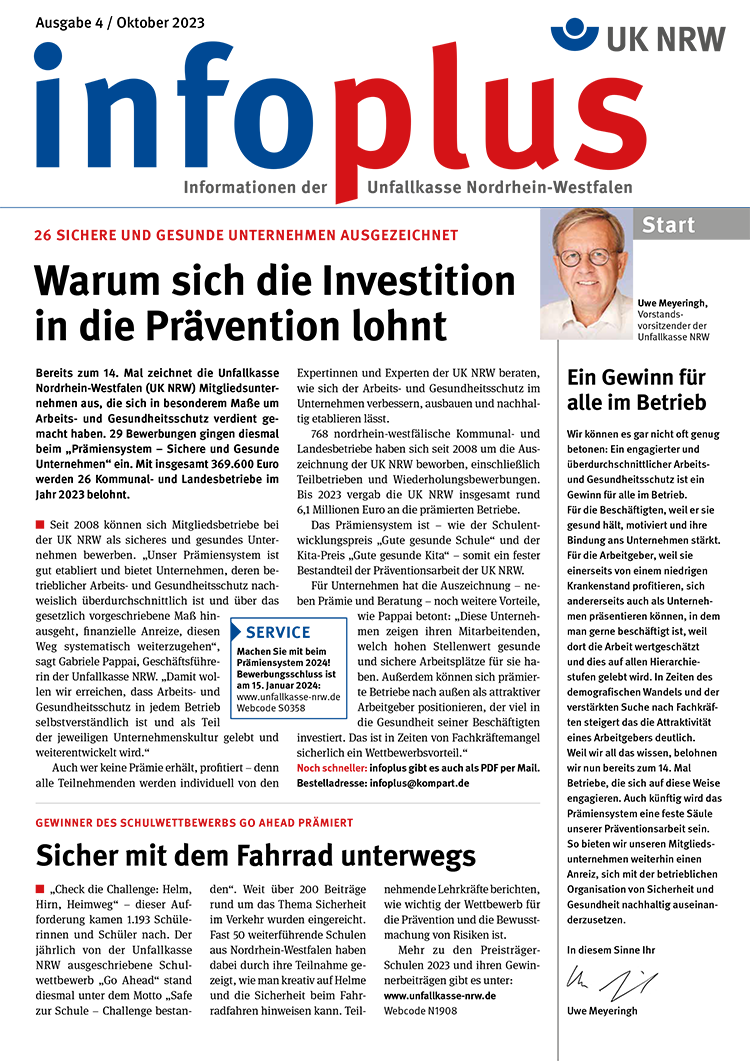 Ein Flussdiagramm zeigt den Prozess des Arbeitsschutzes bei der Unfallkasse NRW. Oben befindet sich das Logo 'Unfallkasse NRW' mit den Worten 'Arbeitsschutz mit System'. Rechts ist das Foto einer Person mit dem Hinweis 'Start'. Der Prozess beginnt mit der 'Initialen Risikoanalyse' und führt über 'Maßnahmenplanung' und 'Durchführung' zu 'Evaluation und Anpassung'. Wichtige Schritte sind in roten und blauen Feldern hervorgehoben. Ein Pfeilsystem verbindet diese Schritte. Unten rechts ist eine Unterschrift abgebildet.