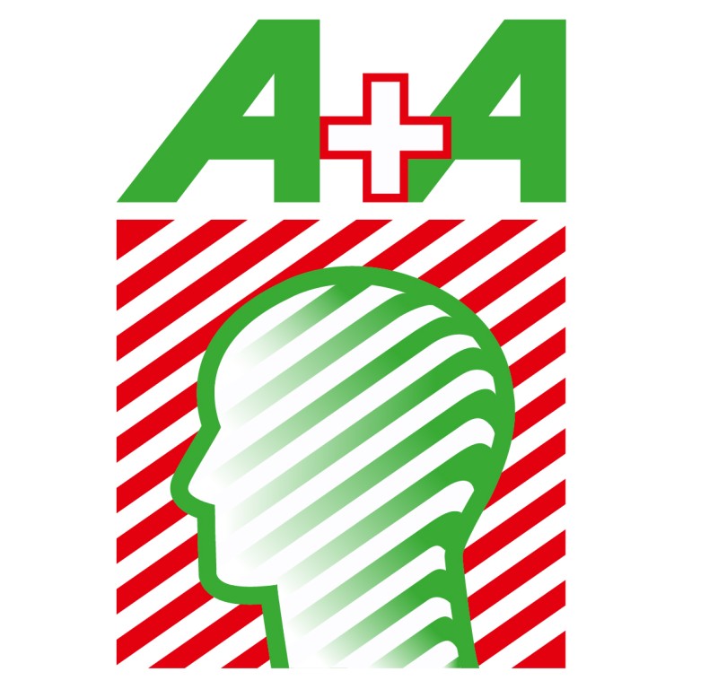 Logo von A+A mit grünem Kopf und roten Streifen.