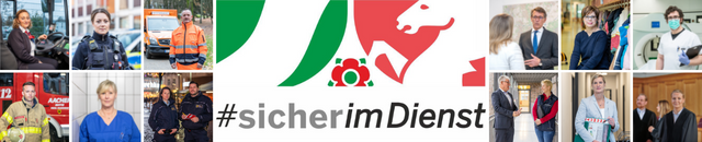 Collage von Einsatzkräften und Büroangestellten, u.a. Sanitäter, Polizisten und Verwaltungsangestellten. Im Zentrum #sicherimDienst Logo der Unfallkasse NRW, das für Maßnahmen im Bereich Arbeitsschutz und Prävention steht. Die Bilder zeigen Personen in verschiedenen beruflichen Kontexten bei der Arbeit, um das Thema Sicherheit und Prävention im Beruf zu betonen.