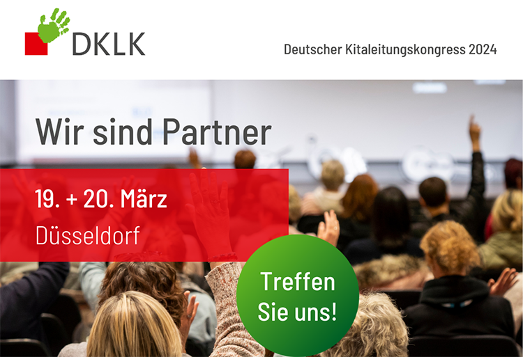 Eine Gruppe von Menschen sitzt in einem Konferenzraum, einige heben die Hand. Oben links das Logo der DKLK mit Text 'Wir sind Partner'. Rechts der Text 'Deutscher Kitaleitungskongress 2024'. In der unteren linken Ecke stehen das Datum 19. + 20. März und der Ort Düsseldorf. Ein grüner Kreis enthält den Text 'Treffen Sie uns!'.
