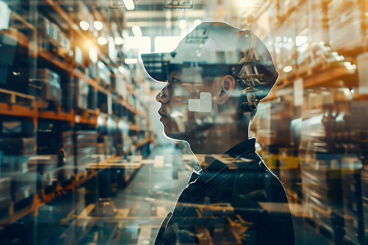 Ein Mann mit einer Basecap schaut in einem gut beleuchteten Lagerhaus umher. Regale mit Kartons und Waren sind im Hintergrund sichtbar. Das Bild hat einen leicht verschwommenen und reflektierenden Effekt, der das geschäftige Umfeld unterstreicht. Dieses Bild könnte in einem Kontext der Unfallkasse NRW verwendet werden, um auf die Bedeutung von Arbeitsschutz und Prävention in Lagerhäusern hinzuweisen.
