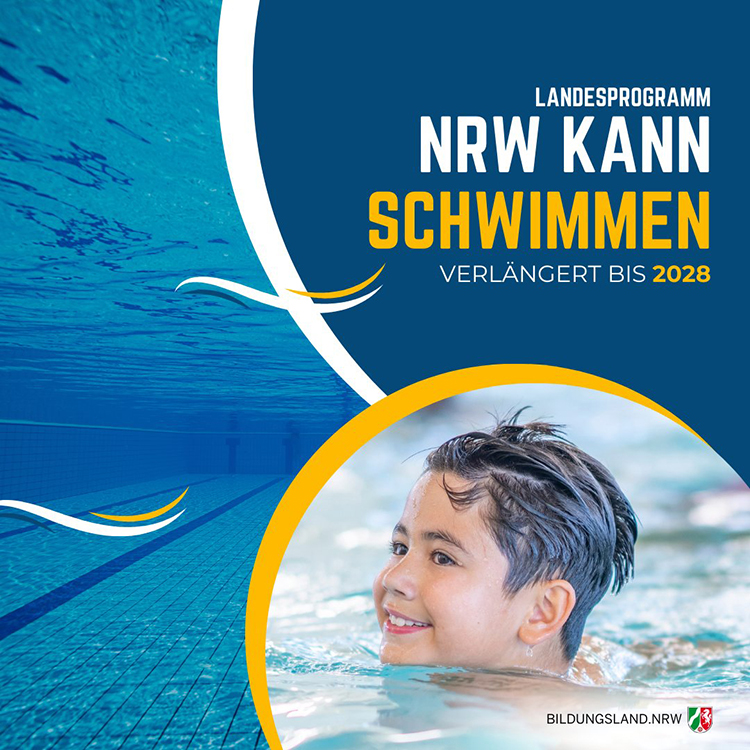 Junge im Schwimmbecken, Text: NRW kann schwimmen.