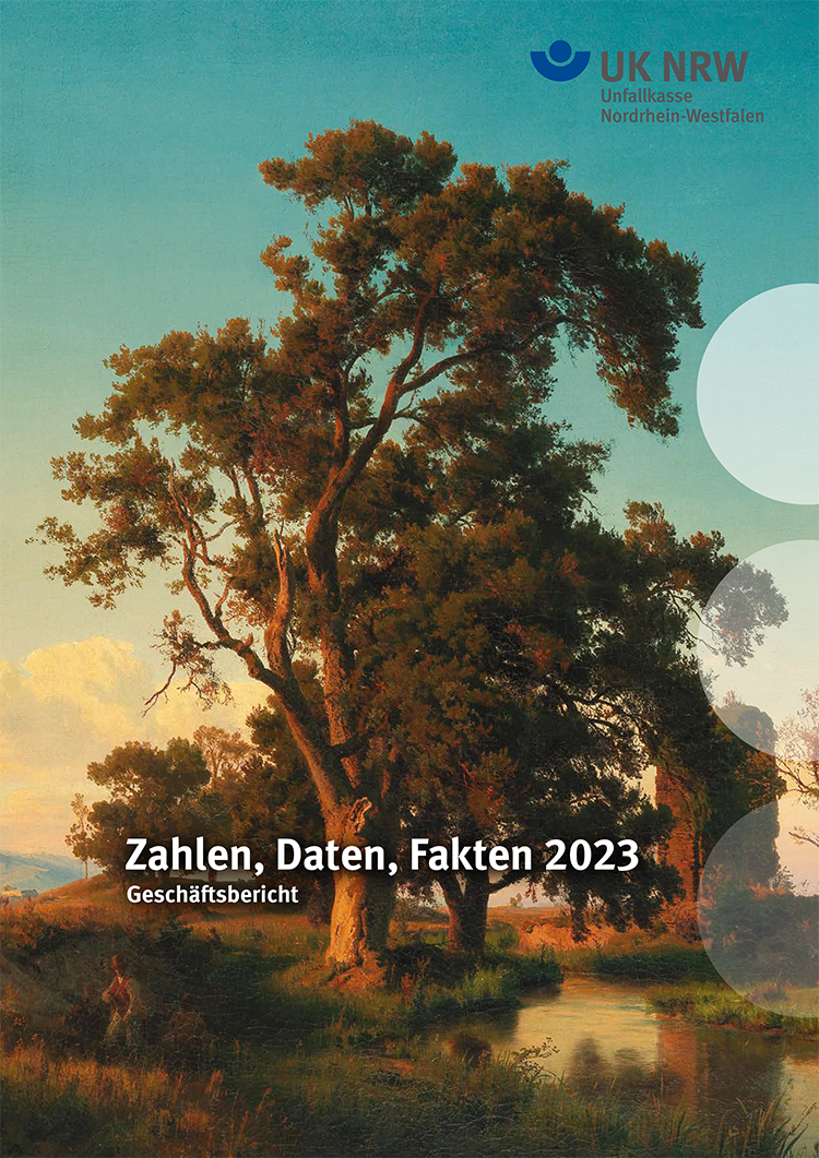 Das Bild zeigt das Cover des Geschäftsberichts der Unfallkasse Nordrhein-Westfalen für das Jahr 2023. Im Vordergrund steht ein großer Baum vor einem farbenfrohen Himmel, der den Sonnenuntergang andeutet. Oben rechts befindet sich das Logo der Unfallkasse NRW. Im unteren Bereich des Bildes steht der Text 'Zahlen, Daten, Fakten 2023 Geschäftsbericht'. Das Bild symbolisiert Stabilität und Beständigkeit und steht im Kontext von Arbeitsschutz und Präventionsmaßnahmen der Unfallkasse NRW.