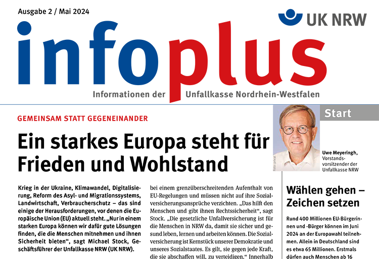 Die Grafik zeigt die Strategie der Unfallkasse Nordrhein-Westfalen zur Prävention von Arbeitsunfällen. Oben stehen 'Gemeinsam geht's sicher - Präventionsstrategie der UK NRW 2021 - 2025'. Darunter ist ein Weg dargestellt, der von links nach rechts verläuft und verschiedene Etappen markiert. Ein Foto einer Person befindet sich rechts unten mit dem Wort 'Start'.