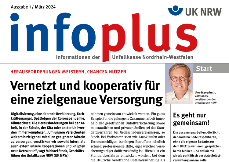 Das Bild zeigt ein Flussdiagramm zur Einführung eines integrierten Managementsystems bei der Unfallkasse NRW. Der Prozess beginnt rechts mit einem Bild einer Person und dem Text 'Start'. Von dort führt eine gestrichelte Linie zu verschiedenen Schritten, die in farbigen Feldern beschrieben sind, darunter Planung, Durchführung, Überprüfung und Verbesserung. Diese Schritte sind miteinander verbunden, um den kontinuierlichen Verbesserungsprozess zu veranschaulichen. Das Diagramm ist in Blau, Rot und Schwarz gehalten, um verschiedene Bereiche hervorzuheben. Dieser Prozess zielt auf den Arbeitsschutz und die Prävention ab.