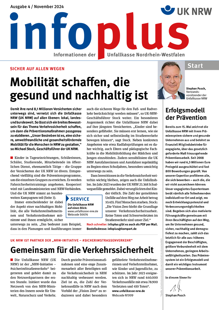 Ein strategisches Diagramm zeigt die Entwicklungsziele der Unfallkasse NRW für 2022-2027. Oben steht 'Strategische Entwicklung', darunter '4. Branchenlösungen', '2. Krisenerprobte Finanzierung', '3. Förderung Digitalisierung', '1. Gesundheitsförderung'. Ein Startpunkt enthält ein Porträtfoto einer nicht identifizierten Person. Unten sind schrittweise Entwicklungen dargestellt, gekennzeichnet durch Pfeile, die die Reihenfolge der Ziele illustrieren. Das Diagramm ist in Blautönen gehalten, mit roten Hervorhebungen für wichtige Begriffe.