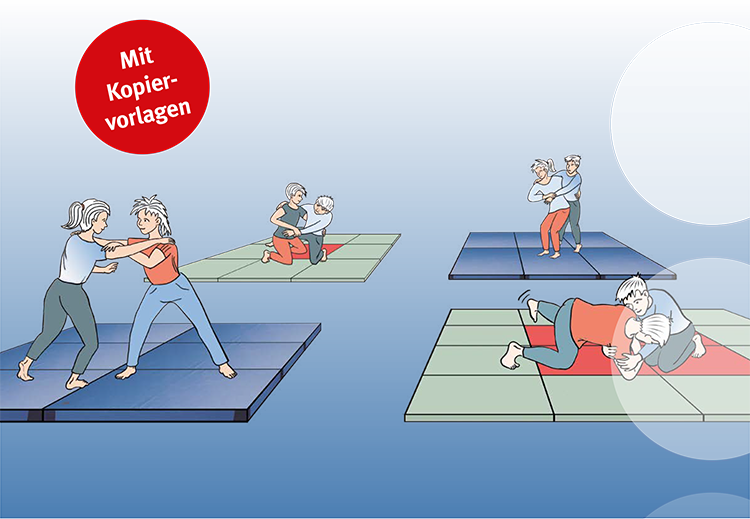 Illustration zeigt mehrere Personen, die auf Matten Selbstverteidigungstechniken in Paaren üben. Links oben zwei Frauen, die sich gegenüberstehen. Rechts eine gemischte Gruppe bestehend aus einem Mann und einer Frau. Im Hintergrund wiederholen sich ähnliche Szenen. Oben links ein roter Kreis mit der Aufschrift 'Mit Kopiervorlagen'. Die Szene vermittelt die Bedeutung von Selbstverteidigung im Kontext des Arbeitsschutzes und der Prävention, unterstützt von der Unfallkasse NRW.