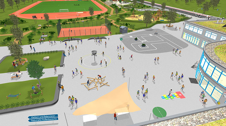 Das Bild zeigt eine Schulhofszene mit vielen spielenden Kindern. Im Vordergrund sind verschiedene Spielstationen wie ein Klettergerüst und ein Ballspielbereich erkennbar. Rechts befindet sich ein Schulgebäude mit blauen Fenstern. Im Hintergrund sieht man einen Sportplatz mit einer umlaufenden Laufbahn. Links liegen Wiesenflächen und Bäume, einige Bänke sind aufgestellt. Ein Schild weist auf 'Naturnahe Außenbereiche' hin, was auf ein Engagement für Umweltschutz und Wohlfühlräume hinweist. Diese Umgebung fördert die Sicherheit und Gesundheit der Kinder durch Bewegungs- und Erholungsmöglichkeiten, was im Kontext von Arbeitsschutz und Prävention bei der Unfallkasse NRW steht.