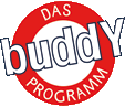 Das Bild zeigt das runde Logo des Buddy-Programms der Unfallkasse NRW. In der Mitte steht in großen roten Buchstaben 'buddy', auf einem weißen Hintergrund. Um den Text herum verläuft ein roter Kreis mit dem Text 'Das Programm'. Das Logo symbolisiert Sicherheitsinitiativen und Präventionsmaßnahmen im Arbeitsumfeld.