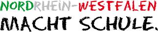 Das Bild zeigt ein Logo mit dem Text 'Nordrhein-Westfalen macht Schule'. 'Nordrhein-Westfalen' ist in unterschiedlichen Farben geschrieben: grün für 'Nord', grau für 'Rhein' und rot für 'Westfalen', was die drei Regionen des Bundeslands symbolisiert. Darunter steht 'macht Schule' in schwarzer, handschriftlicher Typografie. Das Logo repräsentiert eine Kampagne zur Bildungsförderung und deckt Themen wie Arbeitsschutz und Prävention ab, relevant für die Unfallkasse NRW.