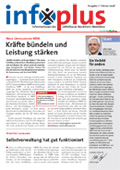 Titelseite des Newsletters 'infxplus' der Unfallkasse Nordrhein-Westfalen. Oben steht 'infxplus', darunter der Titel eines Artikels: 'Kräfte bündeln und Leistung stärken'. Ein Porträtbild einer Person ist oben rechts abgebildet, daneben eine kurze Zuschrift dieser Person. In der linken unteren Ecke gibt es einen Artikel über die Effizienz der Selbstverwaltung. Der Fokus liegt auf Themen rund um Arbeitsschutz und Prävention.