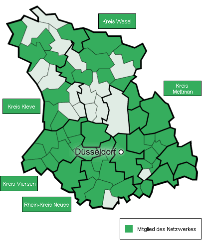 Die Karte zeigt den Raum um Düsseldorf mit farblich gekennzeichneten Mitgliedern des Netzwerks als Teil der Unfallkasse NRW. Mitglieder sind in dunkelgrün markiert, während hellgrün angrenzende Gebiete ohne Mitgliedschaft darstellt. Die Karte umfasst die Kreise Wesel, Kleve, Mettmann, Viersen, Rhein-Kreis Neuss und die Stadt Düsseldorf.